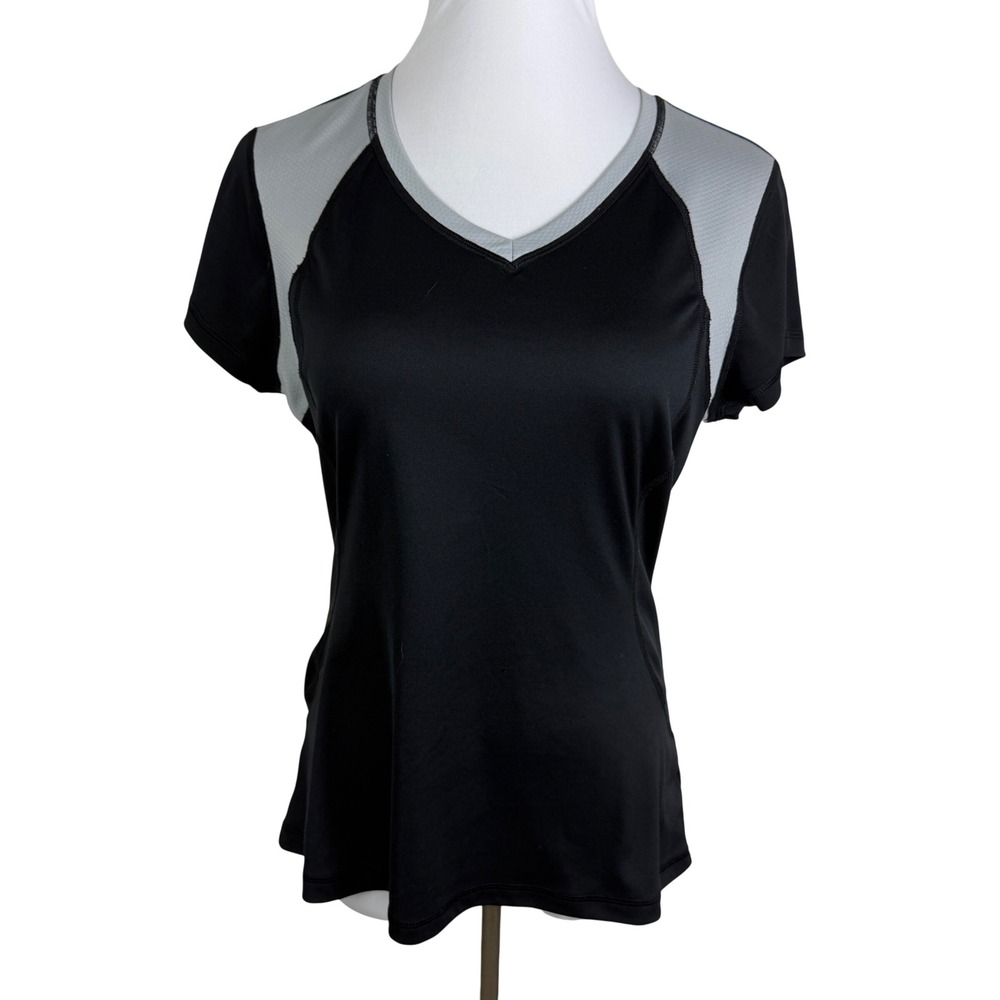 Tek Gear DryTek Women's Large Black‎ Grey V-Neck Athletic Top Back Zip Pocket